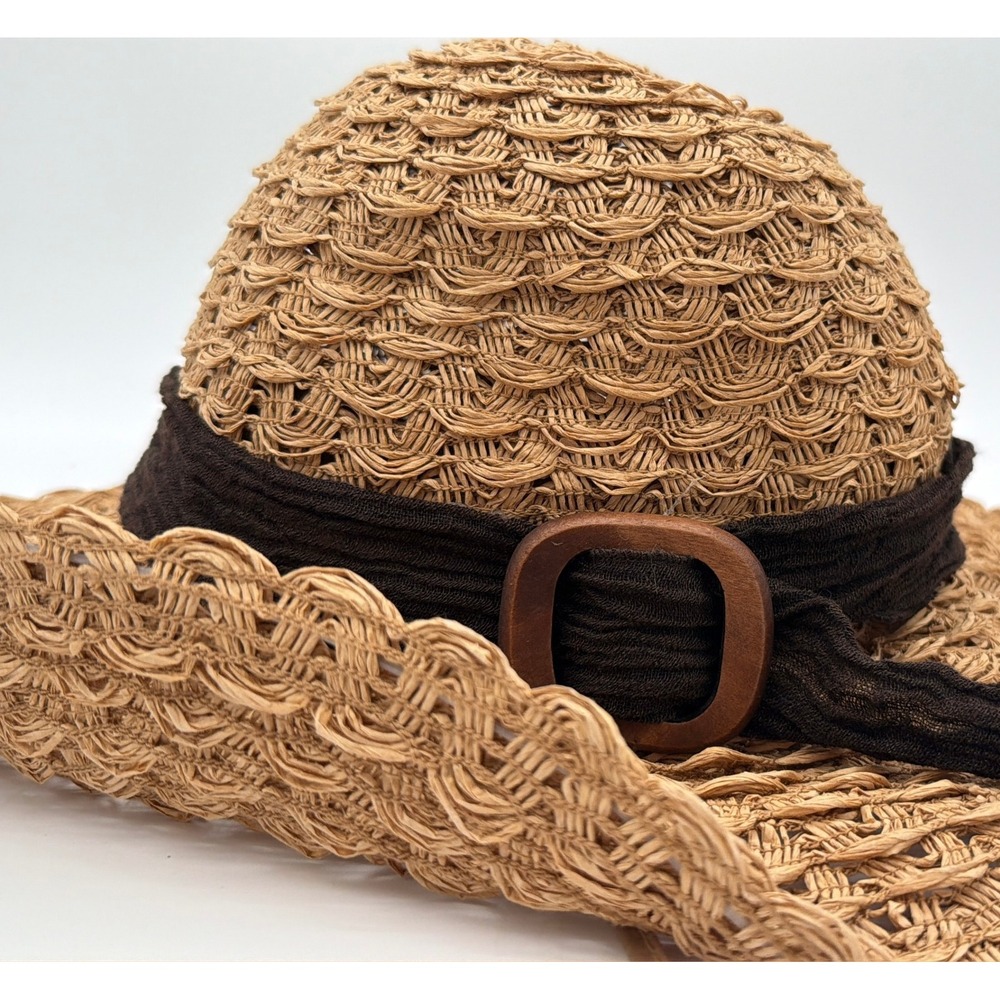 Wallaroo Hat Company Emma Wide Brim Woven Sun Hat Tan Brown Band Womens